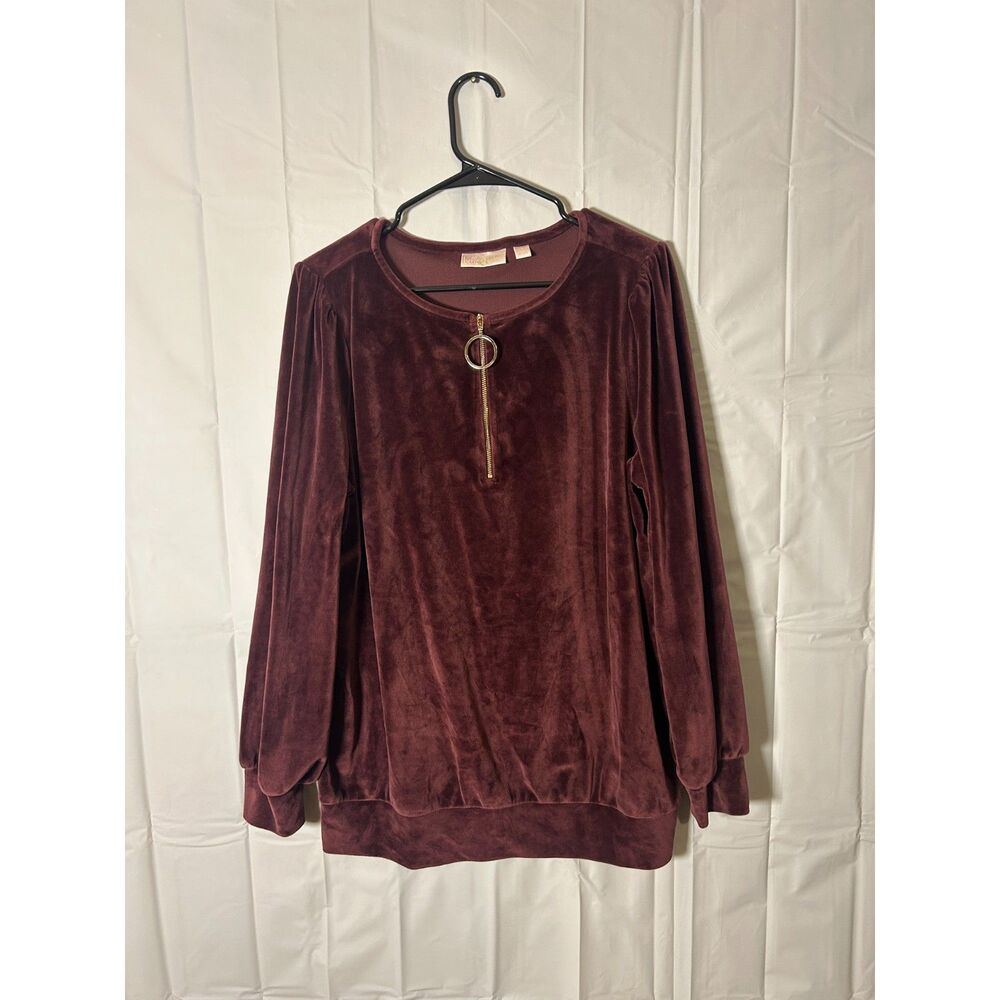 Belle by Kim Gravel Velour Top Size L Maroon Burgundy Gold Ring Zip Pullover